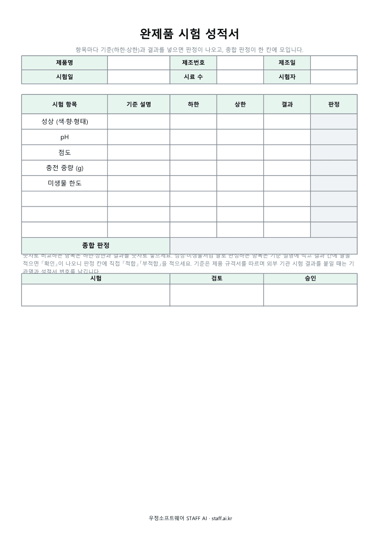 완제품 시험 성적서 미리보기: 제품명 · 제조번호 · 제조일 · 시험일 · 시료 수 · 시험자 · 시험 항목 · 기준 설명 · 하한 · 상한 · 결과 · 판정 · 종합 판정