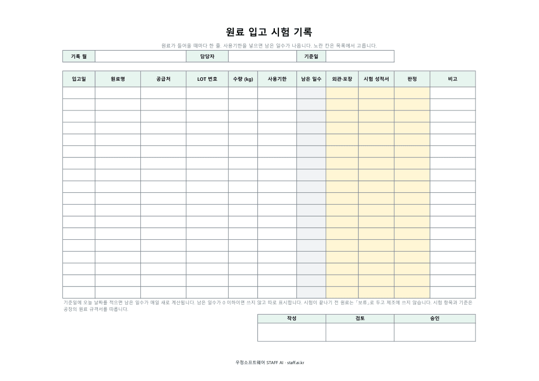 원료 입고 시험 기록 미리보기: 입고일 · 원료명 · 공급처 · LOT 번호 · 수량 (kg) · 사용기한 · 남은 일수 · 외관·포장 · 시험 성적서 · 판정 · 비고
