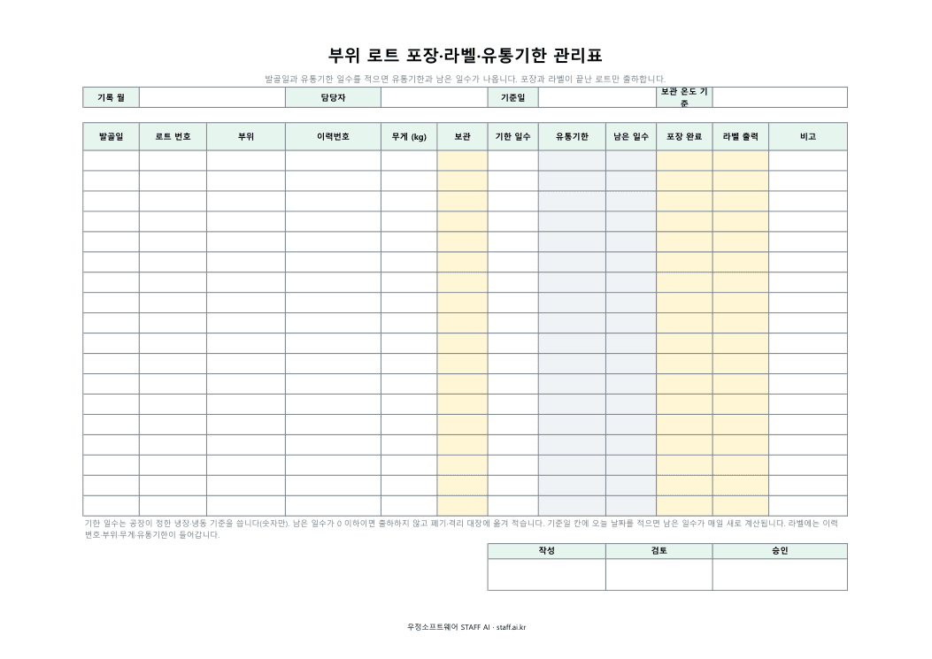 부위 로트 포장·라벨·유통기한 관리표 미리보기: 발골일 · 로트 번호 · 부위 · 이력번호 · 무게 (kg) · 보관 · 기한 일수 · 유통기한 · 남은 일수 · 포장 완료 · 라벨 출력 · 비고
