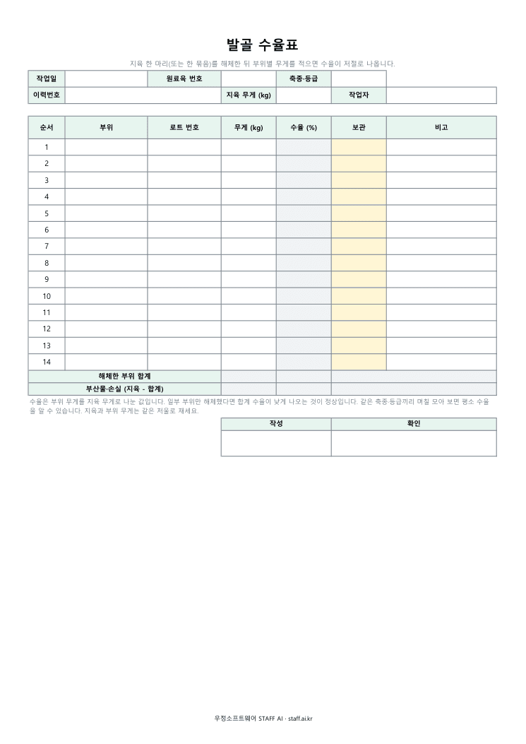 발골 수율표 미리보기: 작업일 · 원료육 번호 · 축종·등급 · 이력번호 · 지육 무게 (kg) · 작업자 · 순서 · 부위 · 로트 번호 · 무게 (kg) · 수율 (%) · 보관 · 비고