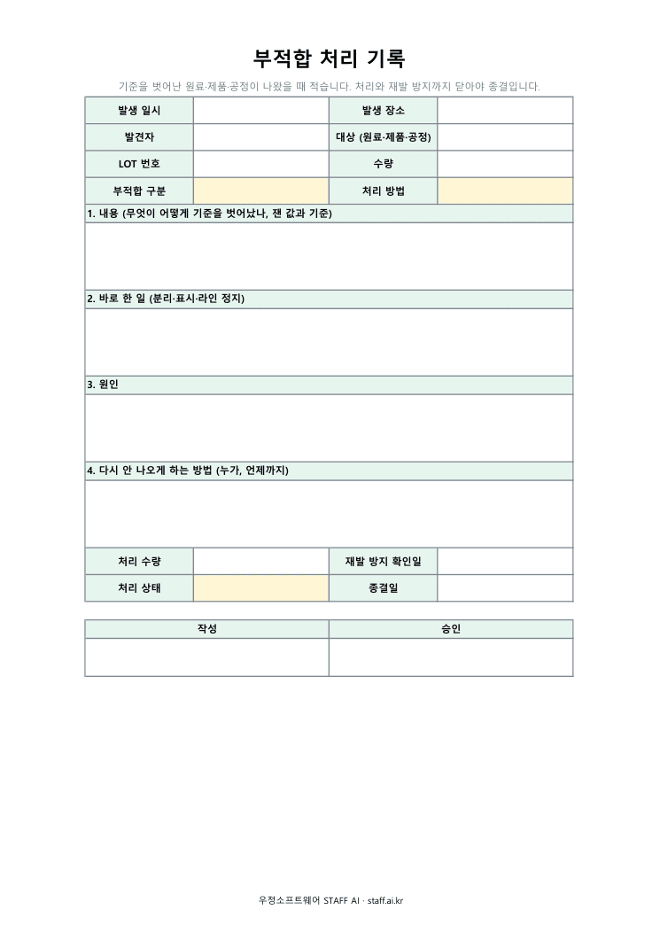 부적합 처리 기록 미리보기: 발생 일시 · 발생 장소 · 발견자 · 대상 · LOT 번호 · 수량 · 부적합 구분 · 처리 방법 · 처리 수량 · 재발 방지 확인일 · 처리 상태 · 종결일