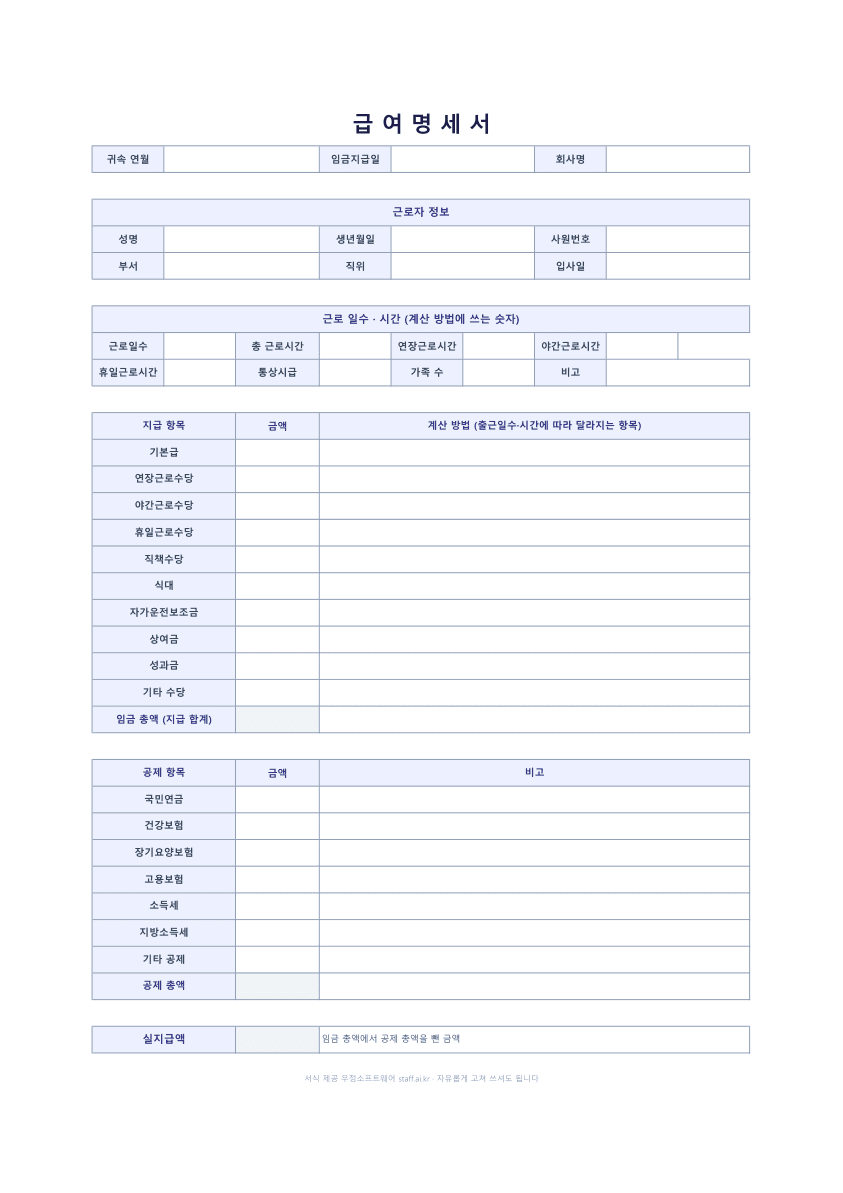 급여명세서 양식 엑셀 미리보기: 귀속 연월과 임금지급일, 근로자 정보, 근로 일수와 시간, 지급 항목 열 줄과 계산 방법, 공제 항목 일곱 줄, 실지급액 칸