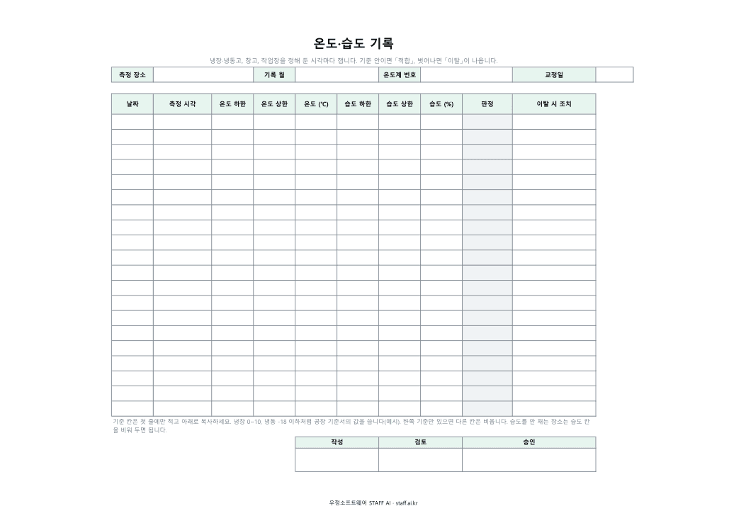 온도·습도 기록 미리보기: 날짜 · 측정 시각 · 온도 하한 · 온도 상한 · 온도 (℃) · 습도 하한 · 습도 상한 · 습도 (%) · 판정 · 이탈 시 조치