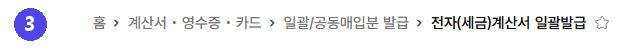 홈택스 화면 위쪽의 길 안내 줄. 홈, 계산서·영수증·카드, 일괄/공동매입분 발급, 전자(세금)계산서 일괄발급 순서로 적혀 있습니다