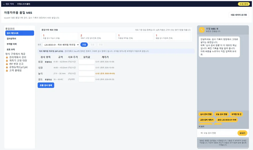자동차부품 품질 MES 데모 화면. 위쪽에 품질기록 예외 현황 네 칸이 있고, 가운데 검사 체크시트에 외경·내경·높이·경도 항목과 규격, 계측기가 줄지어 있습니다. 교정이 임박한 계측기는 빨갛게 표시됩니다.