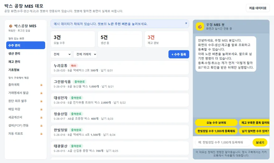 박스공장 MES 데모 화면. 왼쪽에 수주·생산·재고 메뉴, 가운데 수주 목록, 오른쪽에 메신저 스타일 대화창과 추천 명령 버튼이 보입니다.